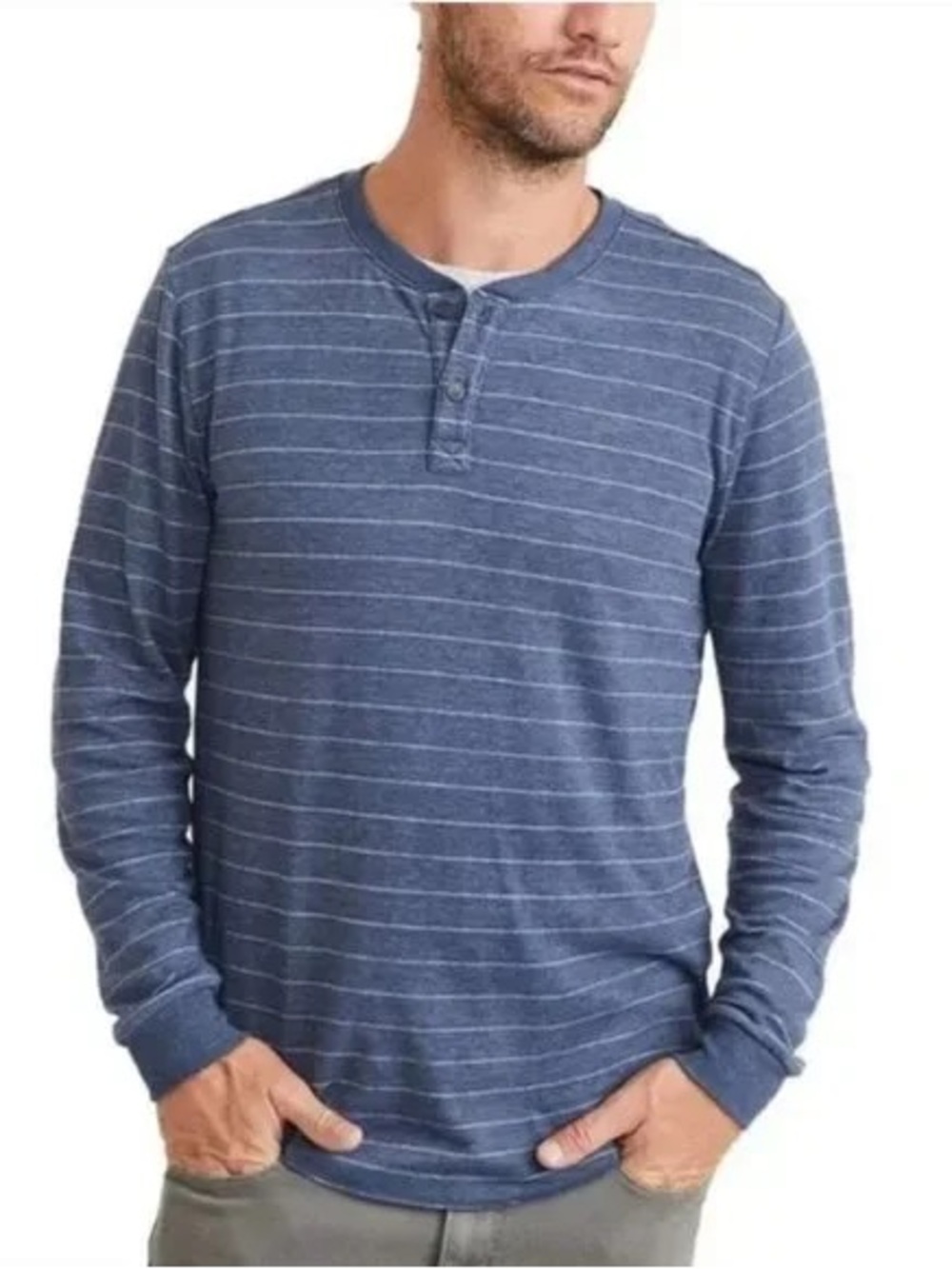 Marine Layer Double Knit Navy Stripe Henley Long Sleeve Shirt Size Medium